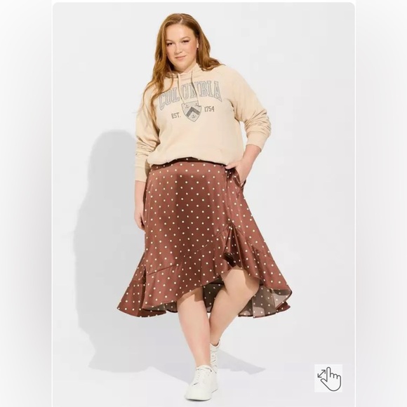 Torrid NWT Midi Stretch Satin Hi-Low Ruffle Skirt Brown/White Polka Dot Size 2 - Picture 1 of 11
